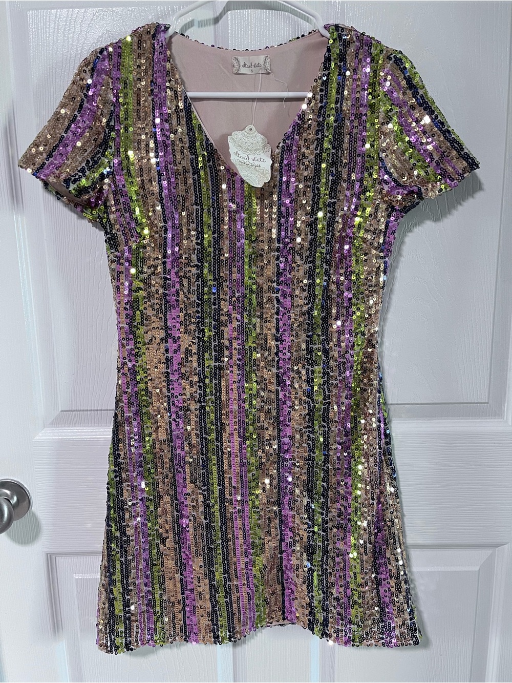 Altar'd State Sequin Stripe Mini Dress - Pink, Green, Gold, Blue Small Party
